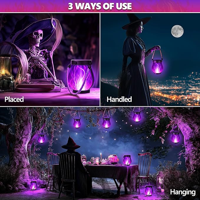 Solar Flame Lantern Hanging Outdoor Waterproof Purple - 2 Pack Flame Lanterns with Dual Charging Modes of Solar & USB for Garden or Yard Decorations (Purple - 2 Pack)