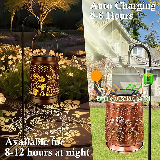 KY&BOSAM Solar Lanterns Outdoor Waterproof Rose Hummingbird Lantern Garden Decor Birthday Gifts for Women Mom Grandma Hanging Solar Lights LED Metal Openwork Decorative for Patio Yard Lawn Backyard