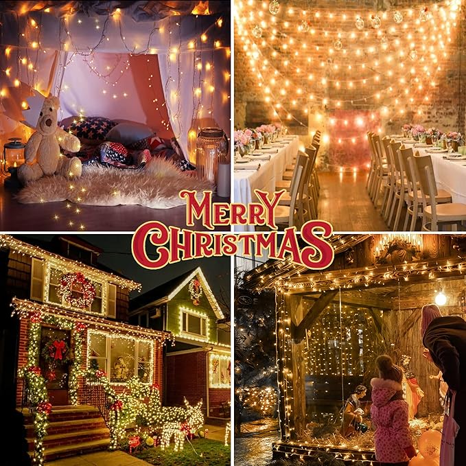 Hopolon 100 LED Christmas Lights Indoor Outdoor,33FT Warm White Twinkle Fairy Light Plug in,8 Modes Waterproof Clear Wire String Lights for Bedroom Classroom Xmas Tree Wedding Party,100 LED,Warm White