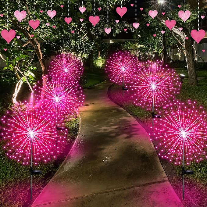 6 Pack Pink Solar Firework Lights 180 LED 8 Lighting Modes Waterproof Outdoor Decorative Solar Lights for Wedding Valentine Birthday Garden Patio Yard Pathway Walkway Lawn Decor