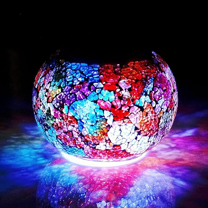 Solar Glass Ball Light Color Changing Mosaic Crackle Table Lamps Waterproof LED Night Light for Bedroom Yard Patio Christmas Decorations (Crackle Glass, Multi-Colored)
