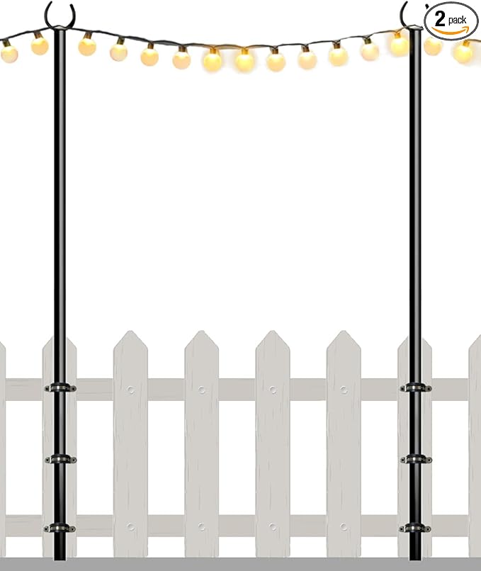 10FT String Light Poles for Outdoor, Heavy Duty Metal Lighting Stand Pole for Deck Fence Railing Backyard Patio Holiday Wedding Party Decorations 2 Pack