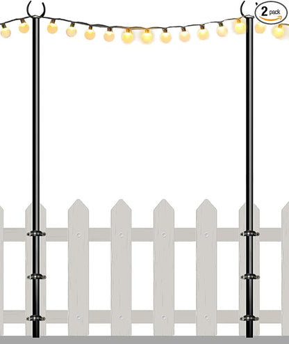 10FT String Light Poles for Outdoor, Heavy Duty Metal Lighting Stand Pole for Deck Fence Railing Backyard Patio Holiday Wedding Party Decorations 2 Pack