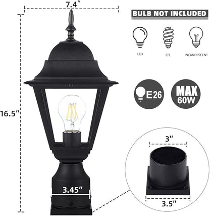 Outdoor Post Light,Waterproof Cast Aluminium Lamp Post Light Fixture,Post Lantern with Pier Mount Base,Matte Black,16.5in,Suitable for Garden,Yard,Driveway,etc