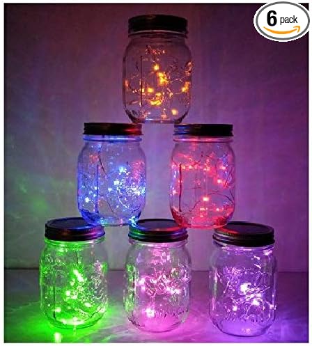 6 Pack Mason Jar Lights, 10 LED Solar Multi-Colored Fairy String Lights Lids Insert for Garden Deck Patio Party Wedding Decorative Lighting Fit for Regular Mouth Jars