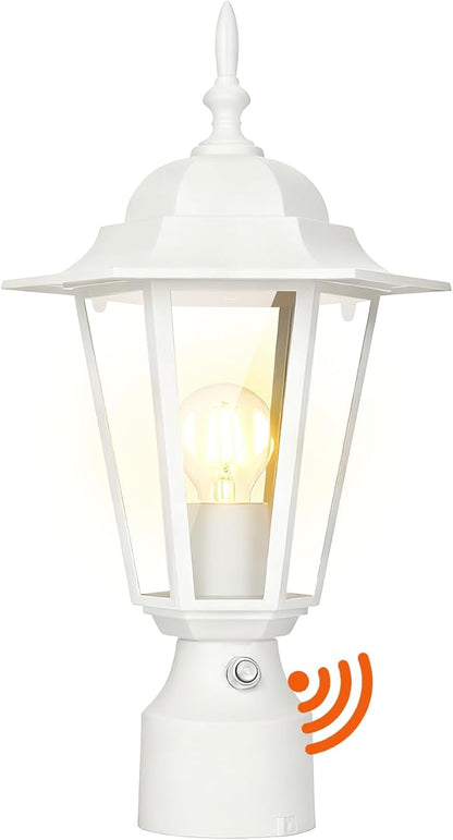 15" Dusk to Dawn Outdoor Post Light, Modern White Outdoor Lamp Post Light Fixture, Lamp Posts Exterior Lighting Pole Lantern for Outside Porch Garage Street, Waterproof Aluminum & Glass, 1 Pack, E26