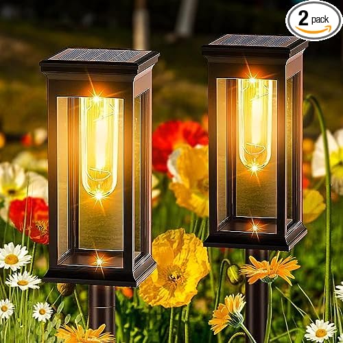 2 Pack Solar Pathway Lights Outdoor,IP65 Waterproof - Bright Solar Lights Outdoor,Auto On/Off Pathway Lights Solar Powered,Solar Path Lights for Walkway Driveway Garden