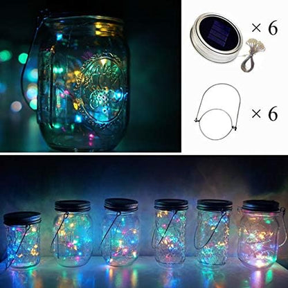 Solar Mason Jar Lights, 6 Pack 20 LED Waterproof Fairy Star Firefly String Lights with 6 Hangers (Jar Not Included), for Mason Jar Garden Wedding Christmas Party Decor（4 Colors）