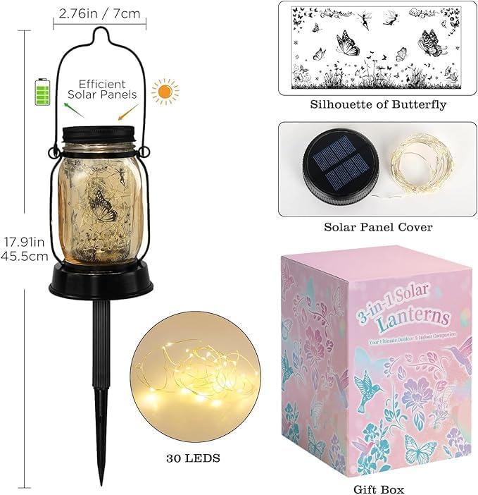 Butterfly Solar Lantern Outdoor Garden Lights, Butterfly Gift for Women Mothers' Day Gift for Mother/Grandma/Women Yard Gift, Lamp Decor,Outdoor Solar Lanterns