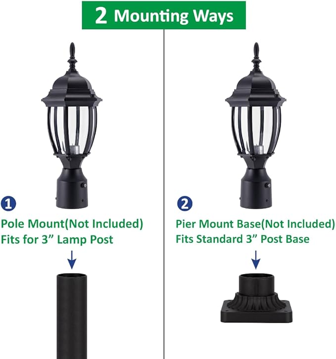 LIT-PaTH Dusk to Dawn Outdoor Post Lighting Fixture Pole Lantern, E26 Medium Base Max 60W, Aluminum Housing Plus Glass, Bulb Not Included (Black, 2-Pack)