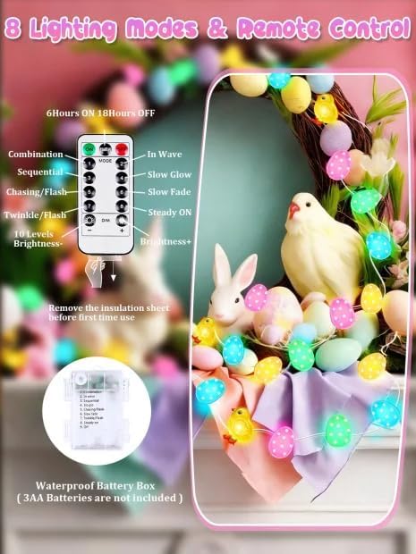 Easter Fairy Lights Battery Operated with Remote, 10FT 30 LED Chicken Egg String Lights with 8 Modes & Timer, Twinkle Lights for Outdoor Indoor Party Spring Bedroom Decor, Pastel