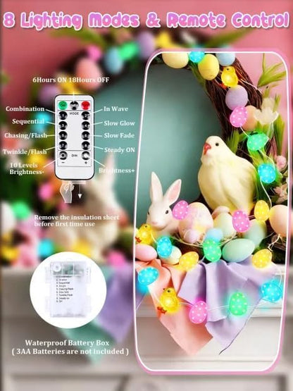 Easter Fairy Lights Battery Operated with Remote, 10FT 30 LED Chicken Egg String Lights with 8 Modes & Timer, Twinkle Lights for Outdoor Indoor Party Spring Bedroom Decor, Pastel