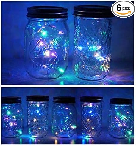 Miaro 6 Pack Mason Jar Lights, 10 LED Solar Colorful Flicker Fairy String Lights Lids Insert for Garden Deck Patio Party Wedding Decorative Lighting Fit for Regular Mouth Jars