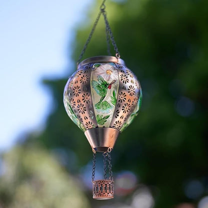DREAMSOUL Hummingbird Hot Air Balloon Solar Lantern, Metal & Glass Flickering Flame Light Solar Lantern, Hanging Waterproof Solar Lanterns Outdoor for Garden Patio Tree Decoration