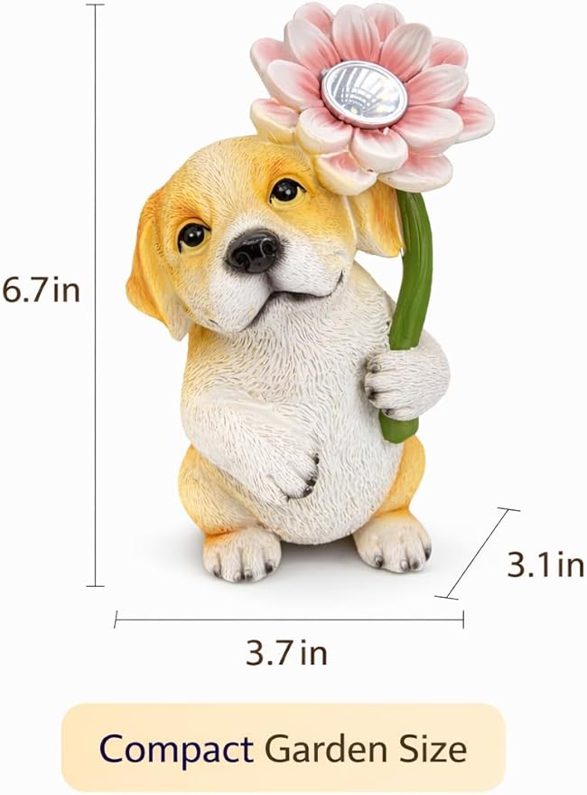 Solar Dog Garden Statue with LED Flower – Hand-Painted Resin Puppy Figurine, Solar Powered Outdoor Garden Decor, Auto On/Off Yard Light Gift (Puppy)