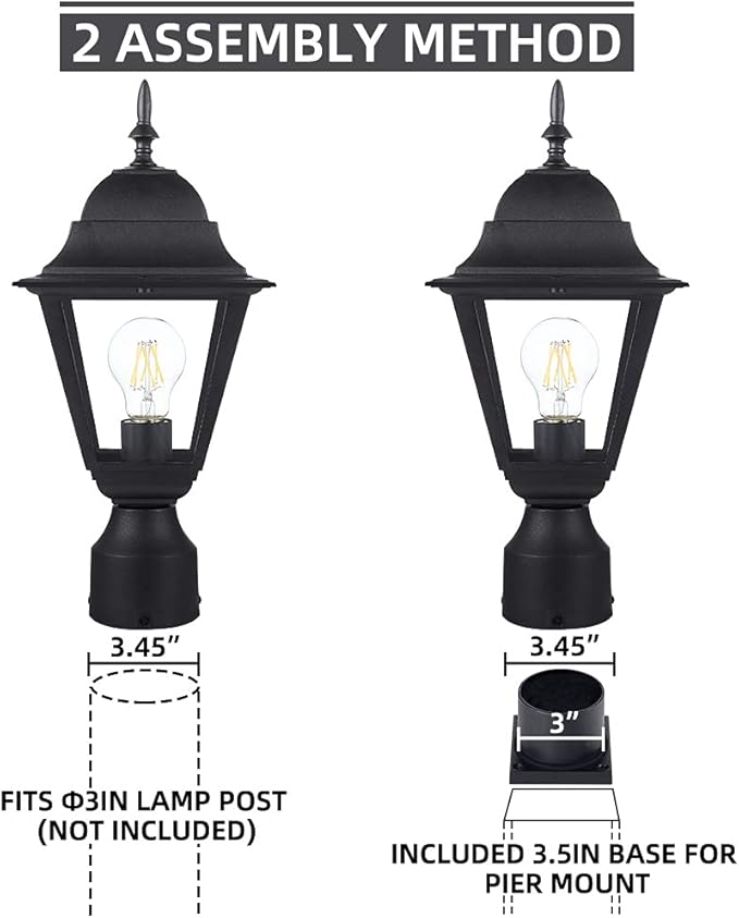 Outdoor Post Light,Waterproof Cast Aluminium Lamp Post Light Fixture,Post Lantern with Pier Mount Base,Matte Black,16.5in,Suitable for Garden,Yard,Driveway,etc