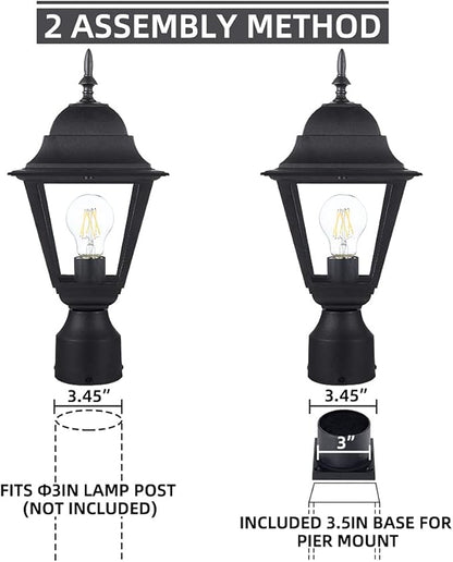 Outdoor Post Light,Waterproof Cast Aluminium Lamp Post Light Fixture,Post Lantern with Pier Mount Base,Matte Black,16.5in,Suitable for Garden,Yard,Driveway,etc