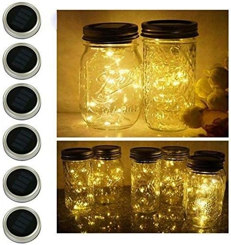 Miaro 6 Pack Mason Jar Lights, 20 LED Solar Warm White Fairy String Lights, Waterproof, Fits Regular Mouth Jars