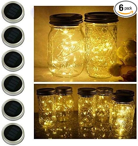 Miaro 6 Pack Mason Jar Lights, 10 LED Solar Warm White Fairy String Lights Lids Insert for Garden Deck Patio Party Wedding Christmas Decorative Lighting Fit for Regular Mouth Jars