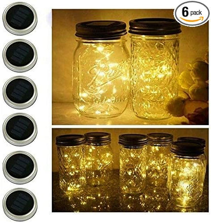 Miaro 6 Pack Mason Jar Lights, 10 LED Solar Warm White Fairy String Lights Lids Insert for Garden Deck Patio Party Wedding Christmas Decorative Lighting Fit for Regular Mouth Jars
