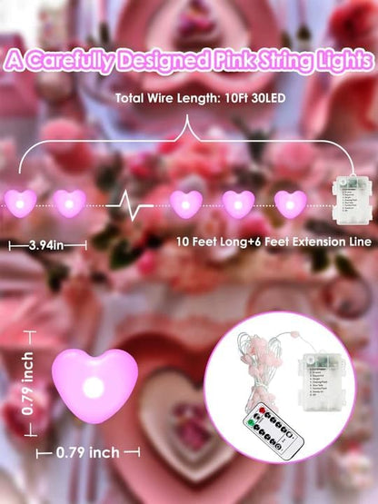 Albelt Pink Heart Fairy Lights Battery Operated with Remote, 10 FT 30 LED String Light with 8 Modes & Timer for Outdoor Indoor Anniversary Wedding Valentines Mother's Day Decor, Gift for Mom or Girls