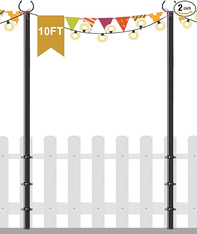 10 FT Outdoor String Light Pole Stand for Deck Fence or Patio Railing, Adjustable Globe Patio Light Post for Hanging Outside Decorate Lighting, 2 Packs