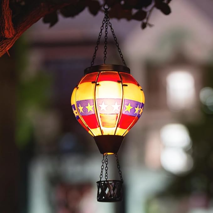 DREAMSOUL Flag Solar Hot Air Balloon Lantern with Flame, Hanging Solar Lanterns Outdoor Waterproof Glass Lantern Flag Day for Patio Decor, Fourth of July Decorations
