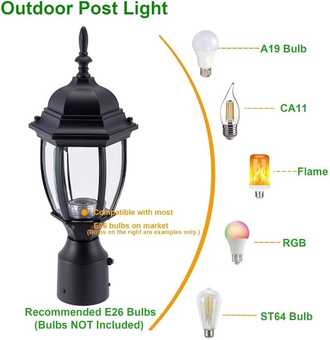 LIT-PaTH Dusk to Dawn Outdoor Post Lighting Fixture Pole Lantern, E26 Medium Base Max 60W, Aluminum Housing Plus Glass, Bulb Not Included (Black, 1-Pack)
