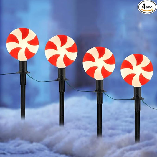 Outdoor Lollipop Christmas Pathway String Lights, 7 Feet C9 Christmas Yard Candy Shape Decorations Driveway Markers Stake Lights, Connectable Garden Markers Light for Outdoor Walkway Decor