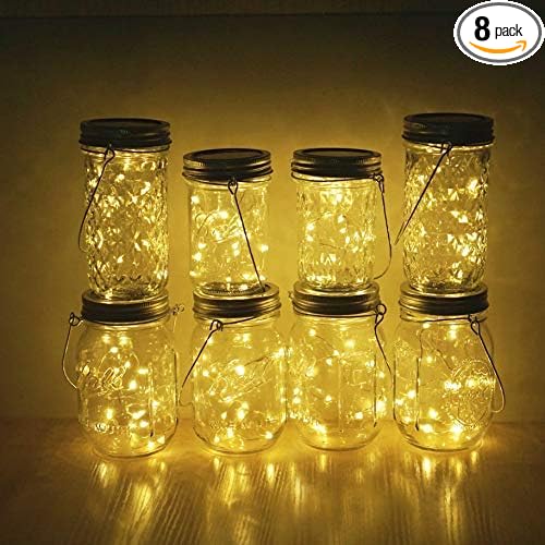 Miaro 8 Pack Mason Jar Lights, 20 LED Solar Fairy String Lights Lids Insert for Garden Deck Patio Party Wedding Christmas Decorative Lighting Fit for Regular Mouth Jars with Hangers (No Jars)