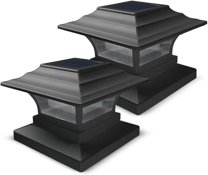 Ceybo Solar Post Cap Lights 4-Pack, 3000K Warm White Outdoor Waterproof LED Fence Cap Lights for 4x4 Wooden Posts, Deck, Garden, or Gate, 10 Lumens Dusk to Dawn Auto On/Off Landscape Lighting (Black)