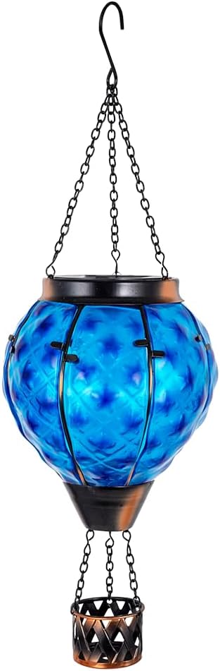 Solar Hot Air Balloon Lantern with Flame,Glass Solar Hanging Lights Outdoor Waterproof,Hot Air Balloon Solar Blue Star Lamp Decorative for Lawn Porch Tree Yard