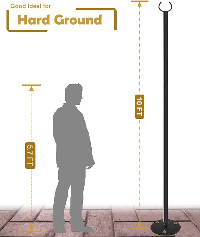10 FT Outdoor String Light Pole Stand for Hard Ground, Adjustable Globe Patio Light Post for Hanging Outside Decorate Lighting, 2 Packs