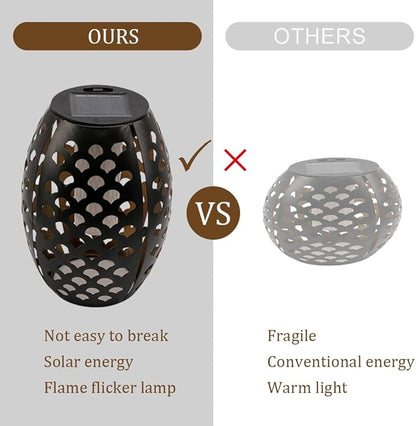 2PCS Solar Table Lanterns with Flickering Flame Light Outdoor Waterproof, Metal Desktop Decorative Lamp with Hollow Design for Tabletop Garden, 7.3" H Black Shell