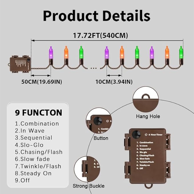 50 LED Halloween Twinkle Lights, 16ft Waterproof for Porch