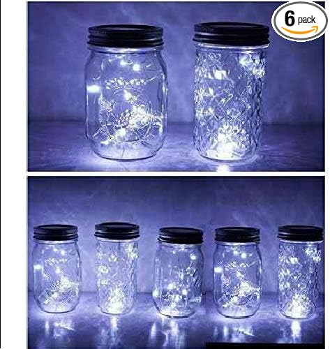 Miaro 6 Pack Mason Jar Lights, 10 LED Solar Cold White Fairy String Lights Lids Insert for Garden Deck Patio Party Wedding Christmas Decorative Lighting Fit for Regular Mouth Jars …