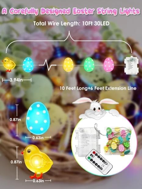 Easter Fairy Lights Battery Operated with Remote, 10FT 30 LED Chicken Egg String Lights with 8 Modes & Timer, Twinkle Lights for Outdoor Indoor Party Spring Bedroom Decor, Pastel