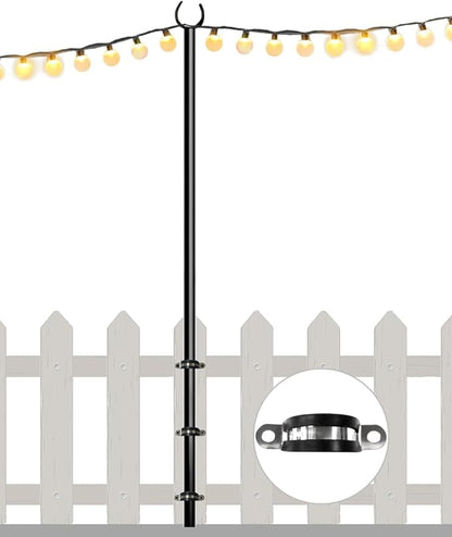 10FT String Light Pole for Outdoor, Heavy Duty Metal Lighting Stand Pole for Deck Fence Railing Backyard Patio Holiday Wedding Party Decorations (1 Pack)