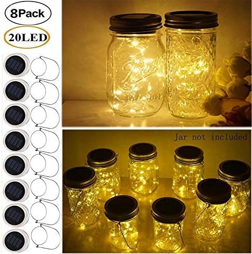 Miaro 8 Pack Mason Jar Lights, 20 LED Solar Fairy String Lights Lids Insert for Garden Deck Patio Party Wedding Christmas Decorative Lighting Fit for Regular Mouth Jars with Hangers (No Jars)