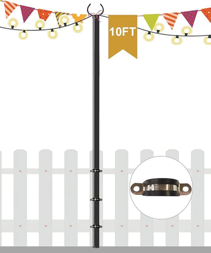 10 FT Outdoor String Light Pole Stand for Deck Fence or Patio Railing, Adjustable Globe Patio Light Post for Hanging Outside Decorate Lighting, 1 Pack