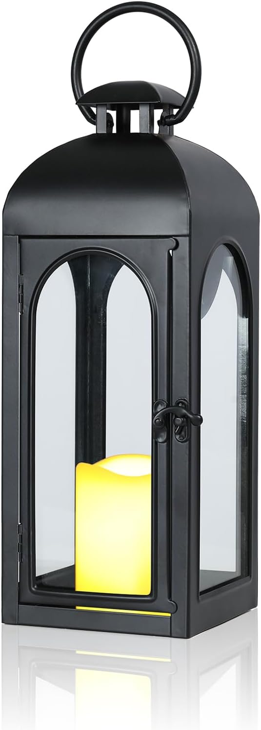Decorative Candle Lanterns Outdoor Large 15.5“ Battery Powered Hanging Lanterns with Flameless Candle for Front Porch, Entrance, Indoor, Black, 1 Pack
