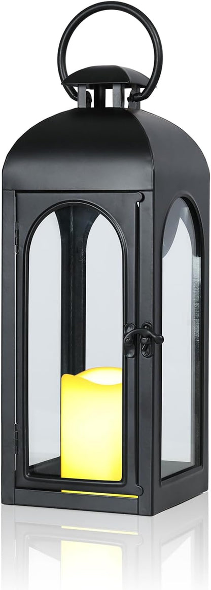 Decorative Candle Lanterns Outdoor Large 15.5“ Battery Powered Hanging Lanterns with Flameless Candle for Front Porch, Entrance, Indoor, Black, 1 Pack