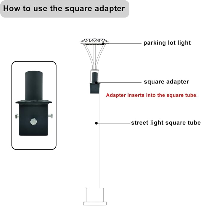 Light Pole Tenon Adapter for 4 Inch Square Pole, Metal 3.5" Square Slip Fitter Adapter with 2 3/8 Round Adaptor for Parking Lot Light, Outdoor Mount Bracket, Street Lights (4" Square Tenon Adapter)
