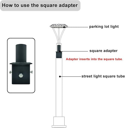 Light Pole Tenon Adapter for 4 Inch Square Pole, Metal 3.5" Square Slip Fitter Adapter with 2 3/8 Round Adaptor for Parking Lot Light, Outdoor Mount Bracket, Street Lights (4" Square Tenon Adapter)