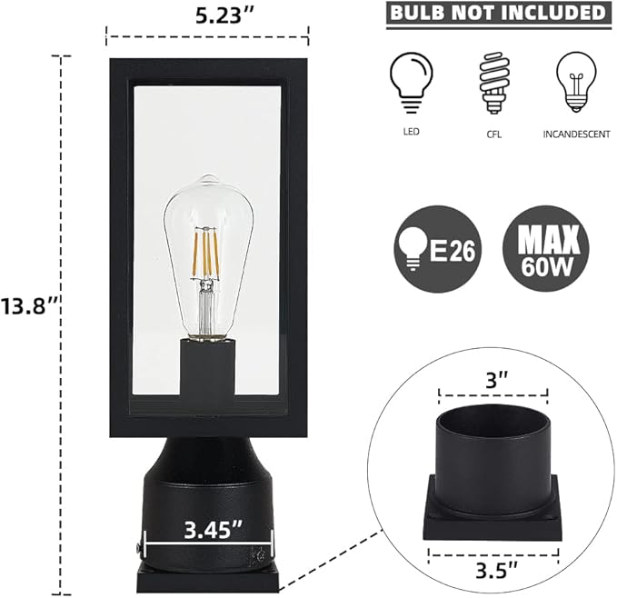 Outdoor Post Light,Waterproof Cast Aluminium Lamp Post Light Fixture,Post Lantern with Pier Mount Base,Matte Black,13.8'',Suitable for Garden,Yard or Driveway,etc