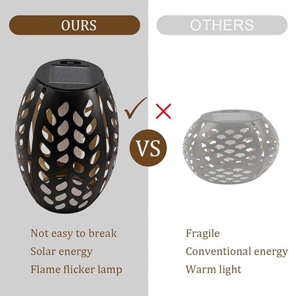 2PCS Solar Table Lanterns with Flickering Flame Light Outdoor Waterproof, Metal Desktop Decorative Lamp with Hollow Design for Tabletop Garden, 7.3" H Black Leaf