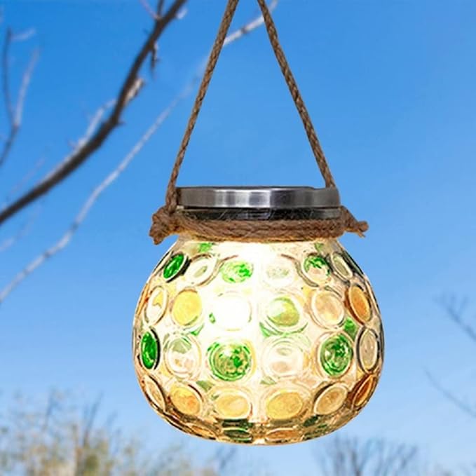 EpicGadget Outdoor Solar Globe Mason Jar Hanging Light - Solar Light LED Mason Jar Waterproof Solar Table Lamp Glass Garden Globe Light for Walkway Pathway Backyard Decoration Parties (Green/Yellow)