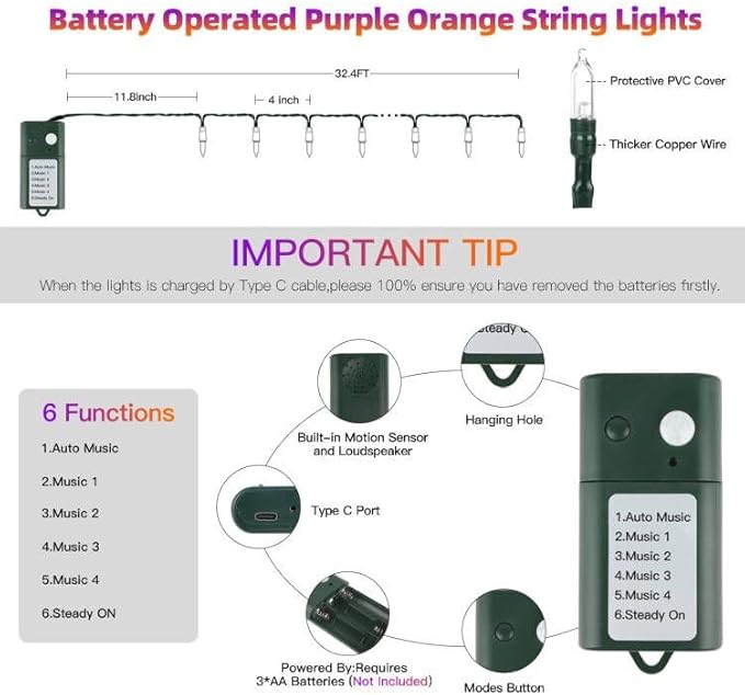 Tcamp Battery Operated Halloween Lights Motion Activated Sync with Music, 33FT 100 LED Orange Purple String Lights with Spooky Music for Outdoor Indoor Halloween Decor (6 Lighting Modes)