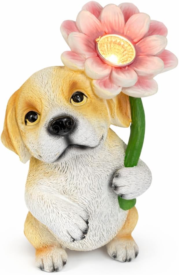 Solar Dog Garden Statue with LED Flower – Hand-Painted Resin Puppy Figurine, Solar Powered Outdoor Garden Decor, Auto On/Off Yard Light Gift (Puppy)