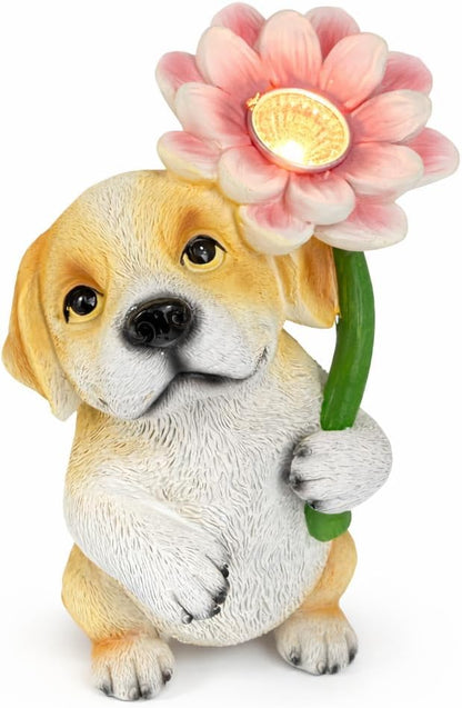 Solar Dog Garden Statue with LED Flower – Hand-Painted Resin Puppy Figurine, Solar Powered Outdoor Garden Decor, Auto On/Off Yard Light Gift (Puppy)